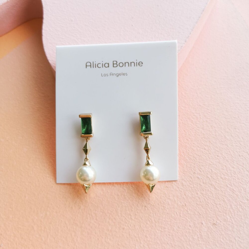 Alicia Bonnie - Lunar Sheen Green Crystal Gold Drop Earrings - NEW
